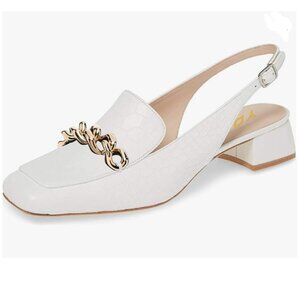 YDN White Square Toe Block Low Heels Slingback Formal Loafer Dressy Pumps